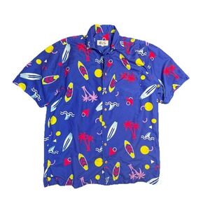 UZZI Amphibious Gear Shirt Mens Small Blue Surfboard Palm Tree Hawaiian Print